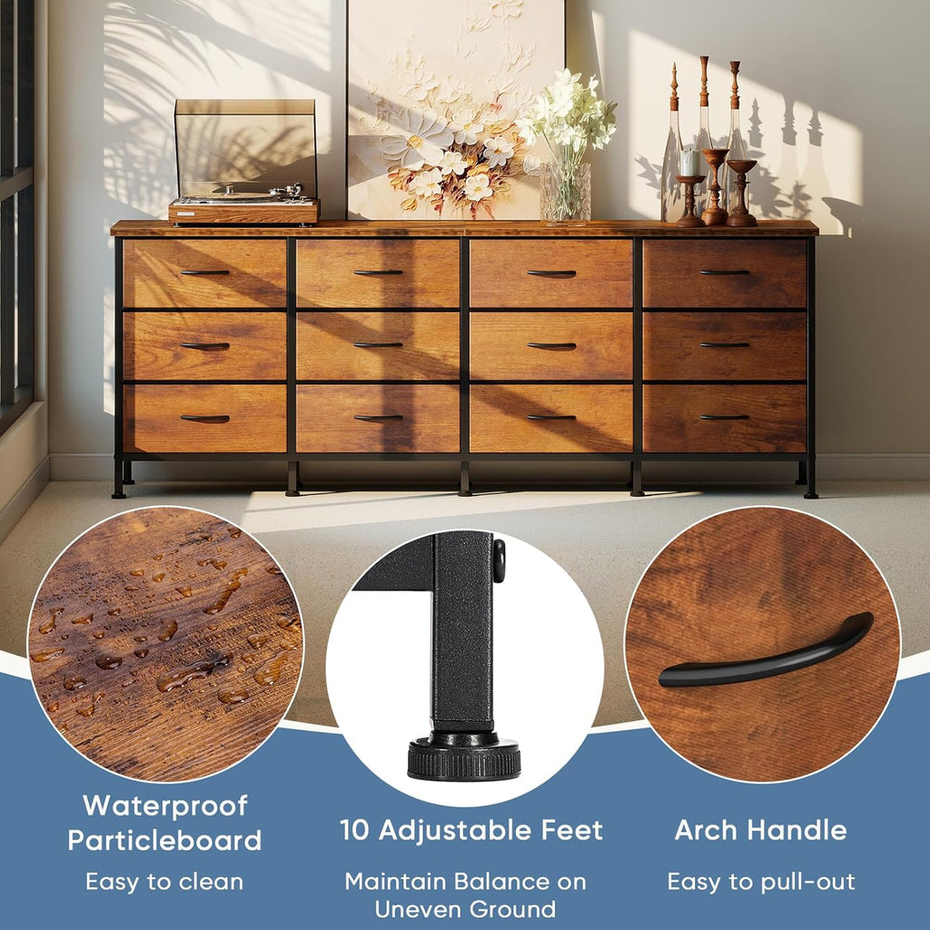 TV Stand for Bedroom with Storage TV Stands for Living Room Rustic, 12 Drawer Dresser Farmhouse Entertainment Center for up to 80 Inch TVs, Media Console Table with Metal Frame Adjustable Feet