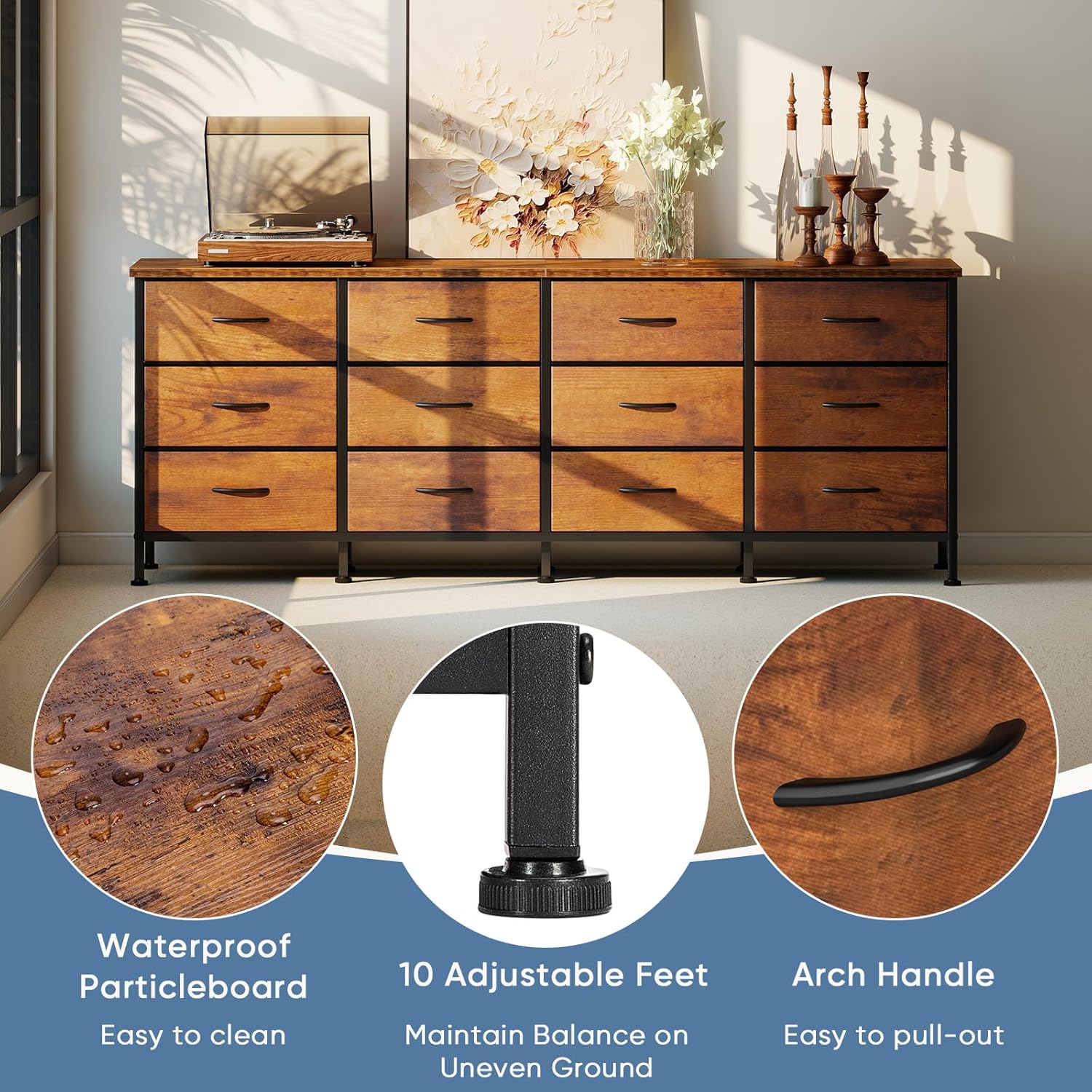 TV Stand for Bedroom with Storage TV Stands for Living Room Rustic, 12 Drawer Dresser Farmhouse Entertainment Center for up to 80 Inch TVs, Media Console Table with Metal Frame Adjustable Feet