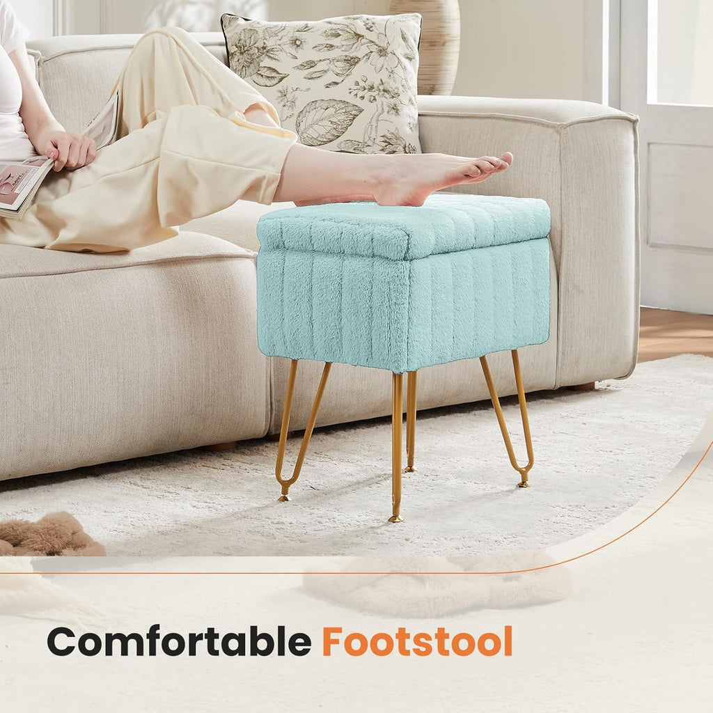 Vanity Stool Chair, Ottoman with Storage, Makeup Cute Soft Small Footstool, Modern Style Faux Fur Seat with 4 Metal Legs & Adjustable Feet for Dressing, Living Room, Bedroom, Dorm, Green