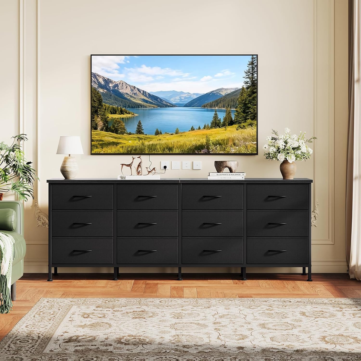 TV Stand for Bedroom with Storage TV Stands for Living Room Rustic, 12 Drawer Dresser Farmhouse Entertainment Center for up to 80 Inch TVs, Media Console Table with Metal Frame Adjustable Feet