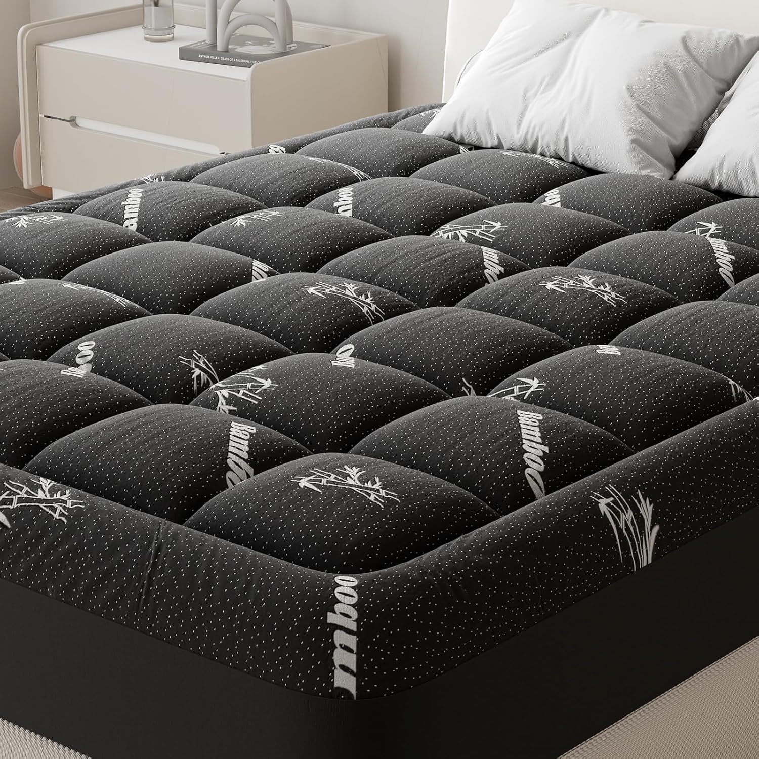 Ultra Soft Mattress Topper Twin Size - Viscose Made from Bamboo Pillow Top Mattress Pad for Breathable Cooling & Back Pain Relief, Deep Pocket Comfort Bed Topper, Black