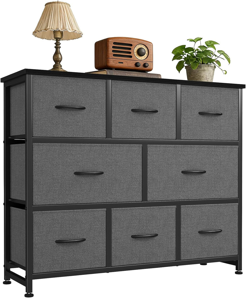 TV Stand, Dresser with 8 Fabric Drawers, Spacious Storage Tower for Closet, TV Stand with Wood Top and Mental Frame, Storage Unit for Living Rooms, Bedroom and Entryway, Black