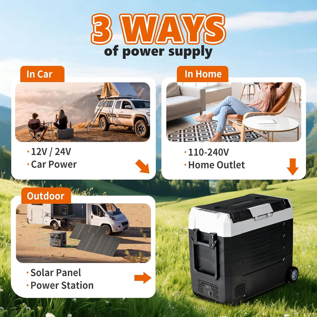 Portable Car Refrigerator, 53QT Dual-Zone Electric Cooler for Vehicles with Wheels & Cutting Board, -4?H-68?H Freezer Smart Control via Bluetooth, Battery Protection, 12/24V DC & 100-240V AC