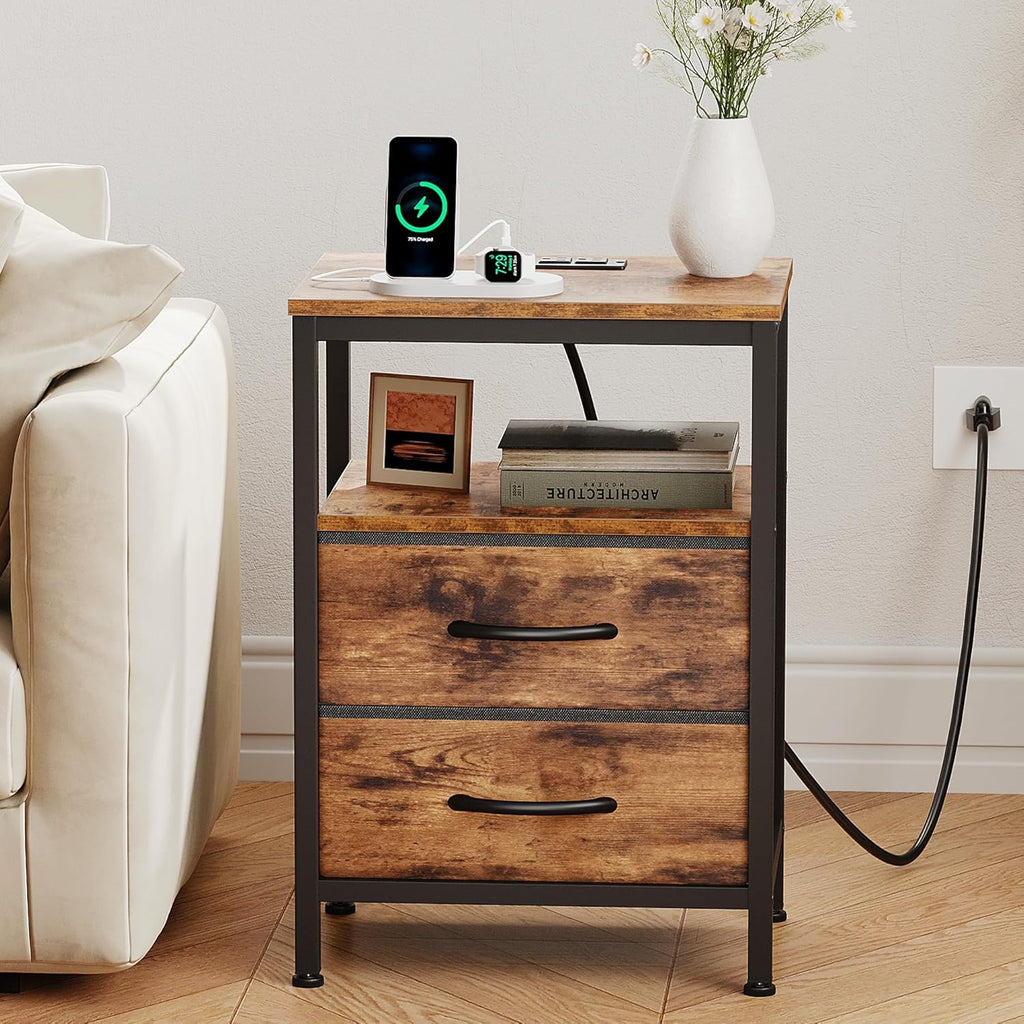 Nightstand with Charging Station, Bedside Table with USB Ports & Type-C, 2 Fabric Drawers Night Stand with Open Shelf, Compact End Table for Bedroom, Rustic Brown