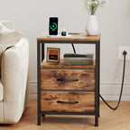 Nightstand with Charging Station, Bedside Table with USB Ports & Type-C, 2 Fabric Drawers Night Stand with Open Shelf, Compact End Table for Bedroom, Rustic Brown