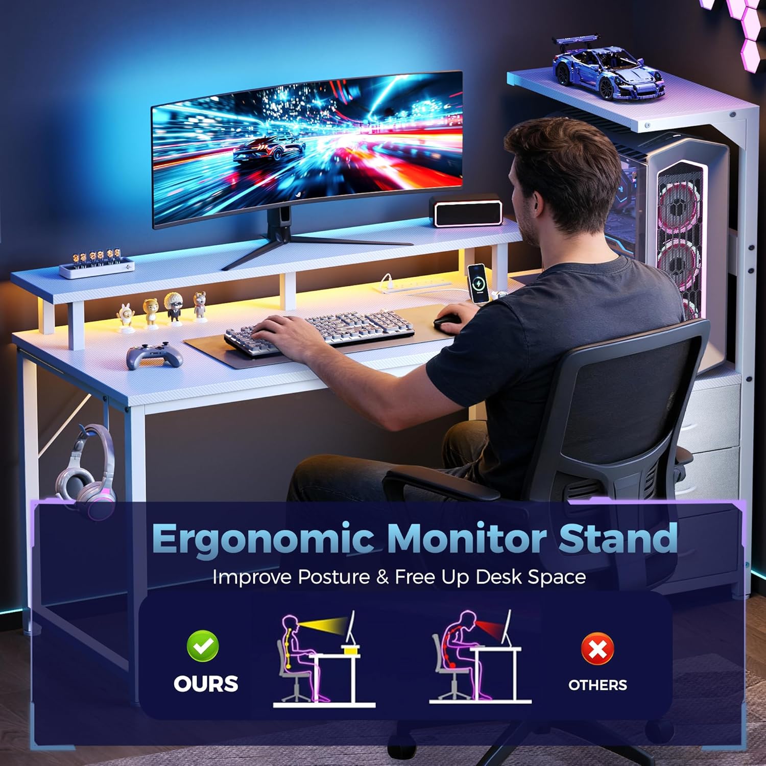 L Shaped Gaming Desk with Shelves Storage Drawers 52'', White Computer Desks with LED Lights Power Outlets, Office Wood Table with PC Stand Cable Management for Bedroom Dual Monitor Streaming