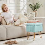 Vanity Stool Chair, Ottoman with Storage, Makeup Cute Soft Small Footstool, Modern Style Faux Fur Seat with 4 Metal Legs & Adjustable Feet for Dressing, Living Room, Bedroom, Dorm, Green