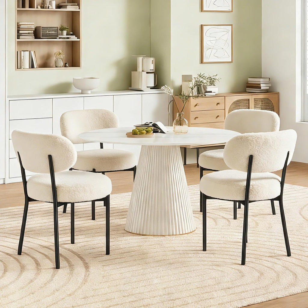 Dining Chairs Set of 4, Mid Century Modern Chair Round Upholstered Curved Backrest, Kitchen Vanity Living Room Chairs with Black Metal Legs, Beige