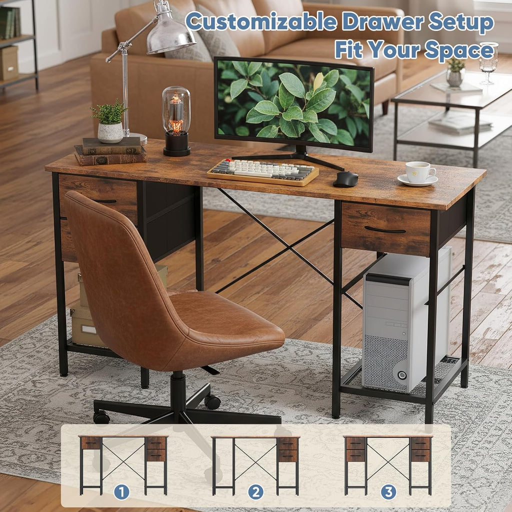 Computer Desk 47 Inch with 4 Drawers Home Office Table with Mesh Shelf for Work Study Writing Gaming Storage Furniture for Bedroom, Rustic Brown
