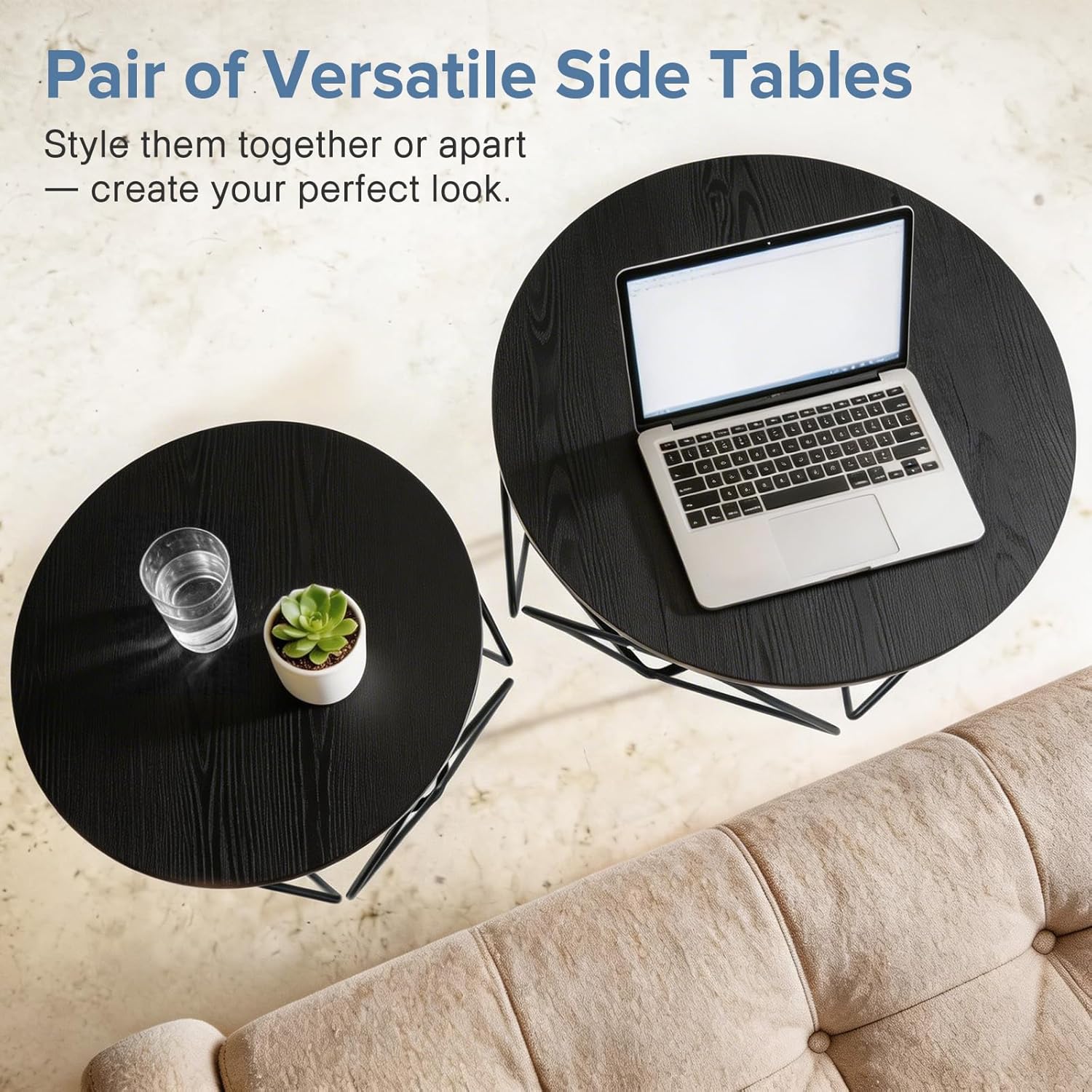 Modern Geometric Coffee Table Set of 2, Round Nesting Side Tables with Hidden Storage, Movable End Tables for Living Room Decor & Practical Use