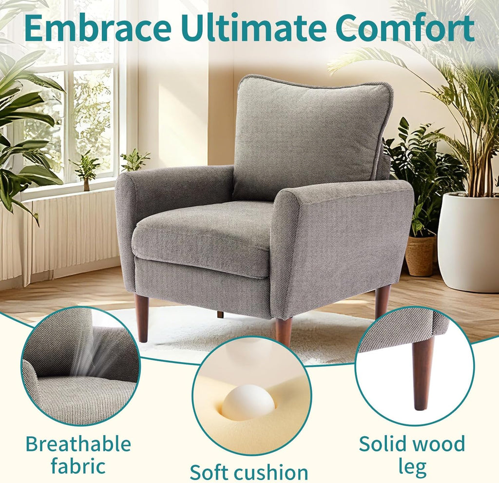 Comfy Accent Chair for Living Room Bedroom and Waiting Room, Upholstered Mid-Century Reading Chair with Pillow and Solid Wood Legs, Wide Singe Modern Lounge Sofa (Gray, 2 Pack)