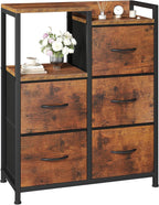 TV Stand, Dresser with 5 Fabric Storage Drawers, Media Console Featuring Open Shelf, Fabric Storage Cabinet with Charging Station, Compact Entertainment Unit for Bedroom, Living Room, White