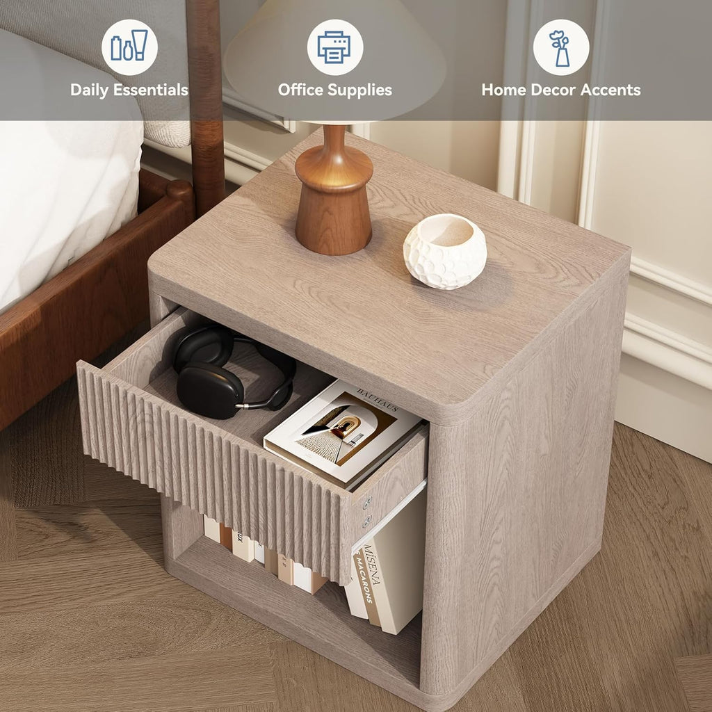 22.7 Modern Night Stand with Drawer and Open Shelf, Mid Century Bedside Table for Bedroom, Wood End Table with Fluted Front, Sturdy Compact Sofa Side Table, White Oak