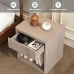 22.7 Modern Night Stand with Drawer and Open Shelf, Mid Century Bedside Table for Bedroom, Wood End Table with Fluted Front, Sturdy Compact Sofa Side Table, White Oak