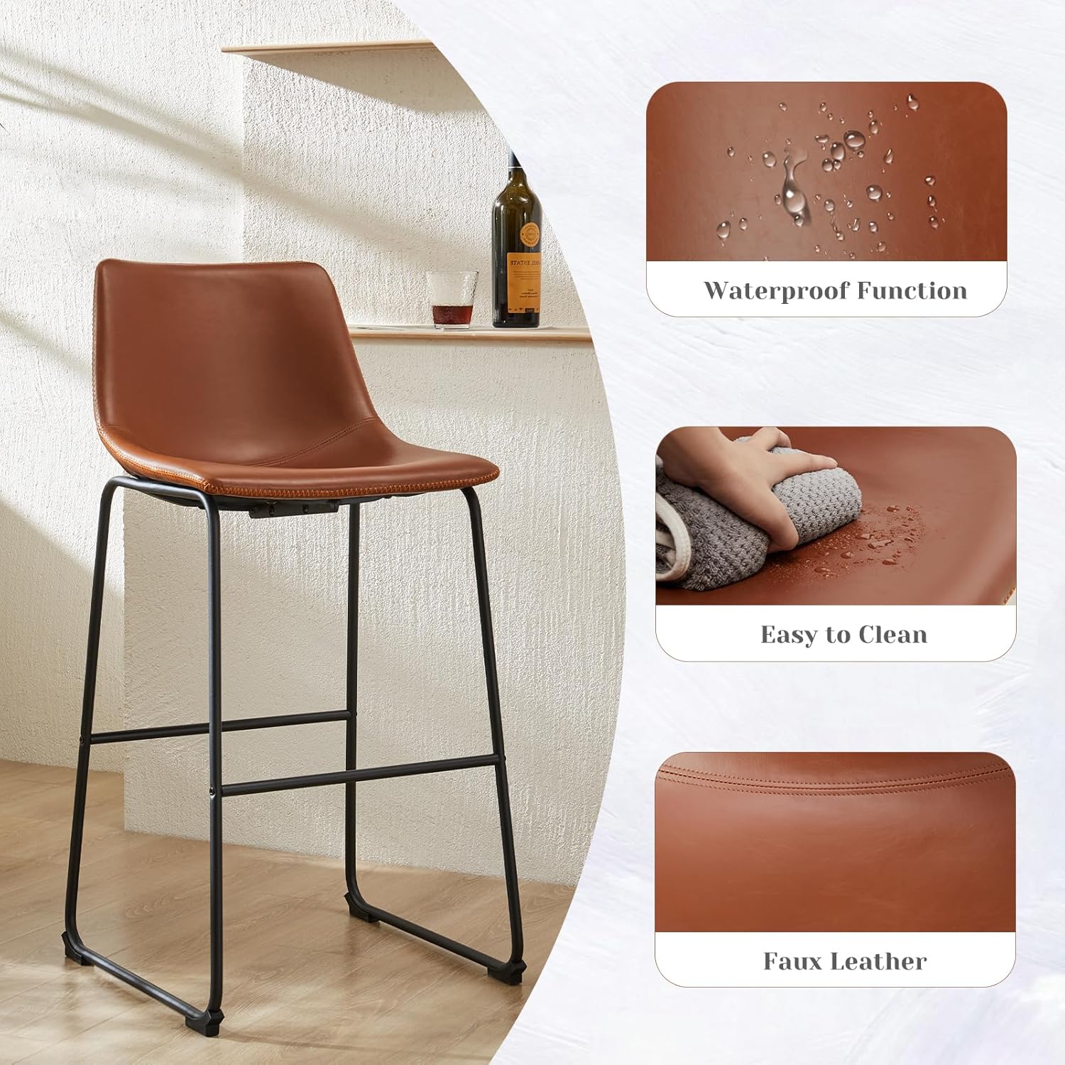 Counter Height Bar Stools Set of 4, 30 inch Height Stool Faux Leather Barstools with Back, Armless Kitchen Island Countertop Comfortable Modern Chairs with Metal Legs, Warm Brown