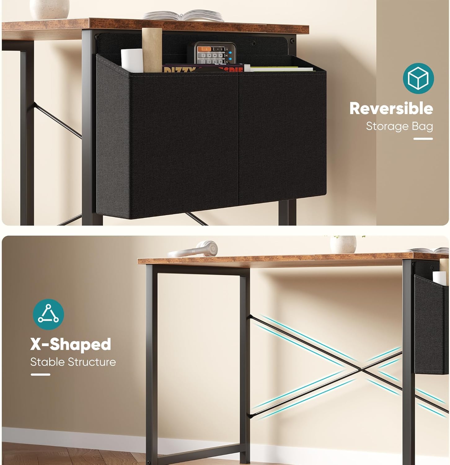 Computer Desk 40 Inch Home Office Desks for Small Spaces, Gaming Writing Study Work Table with Storage Bag and Headphone Hook for Bedroom, Rustic Brown