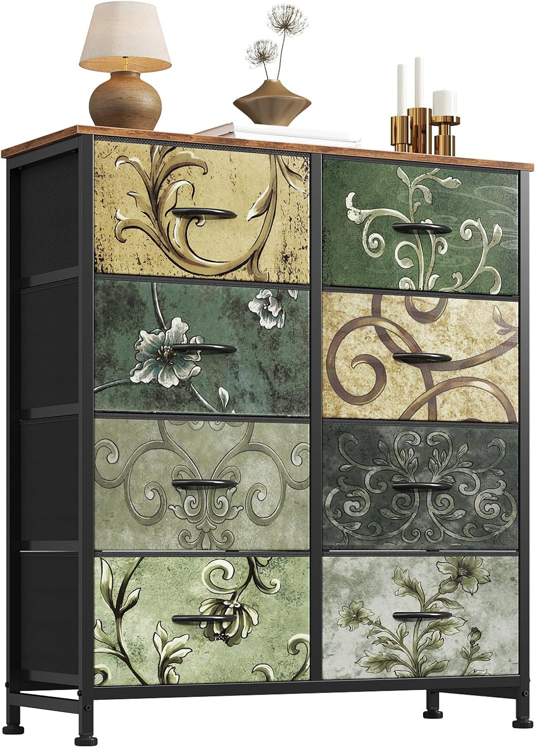 TV Stand Dresser with 8 Fabric Storage Drawers, Media Console Featuring Open Shelf for 45 inch TV, Compact Entertainment Unit for Bedroom, Living Space, or Dorm Organization, Flower Pattern