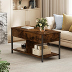 Lift Top Coffee Table with Storage 39 Center Table with Hidden Compartment & 2 Shelves Farmhouse, Wood Coffee Table for Living Room with Sturdy Lift-Top Adjustable Feet Brown
