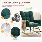 Nursery Rocking Chair Teddy Upholstered, Comfy Glider Rocker with High Backrest Armchair Padded Seat, Accent Side Chair for Living Room Bedroom Offices Small Spaces Indoor, Green