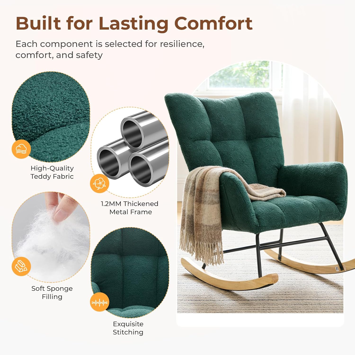 Nursery Rocking Chair Teddy Upholstered, Comfy Glider Rocker with High Backrest Armchair Padded Seat, Accent Side Chair for Living Room Bedroom Offices Small Spaces Indoor, Green