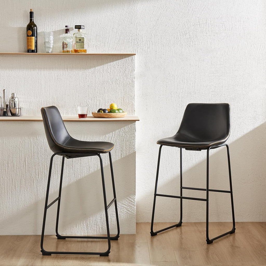 26 Inch Counter Height Bar Stools Set of 2, Modern Faux Leather High Barstools with Back and Metal Leg, Bar Chairs for Kitchen Island, Elegant Black