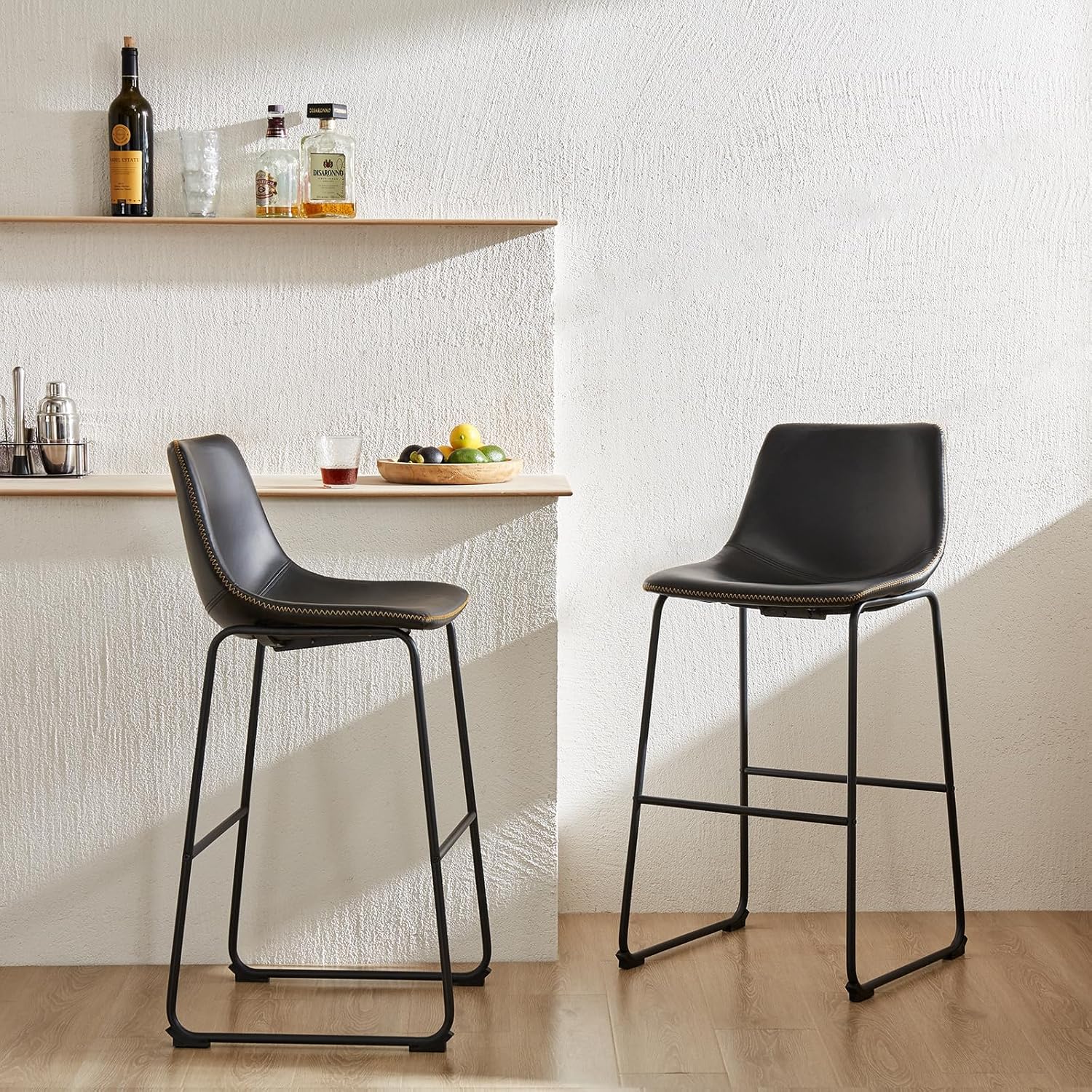 26 Inch Counter Height Bar Stools Set of 2, Modern Faux Leather High Barstools with Back and Metal Leg, Bar Chairs for Kitchen Island, Elegant Black