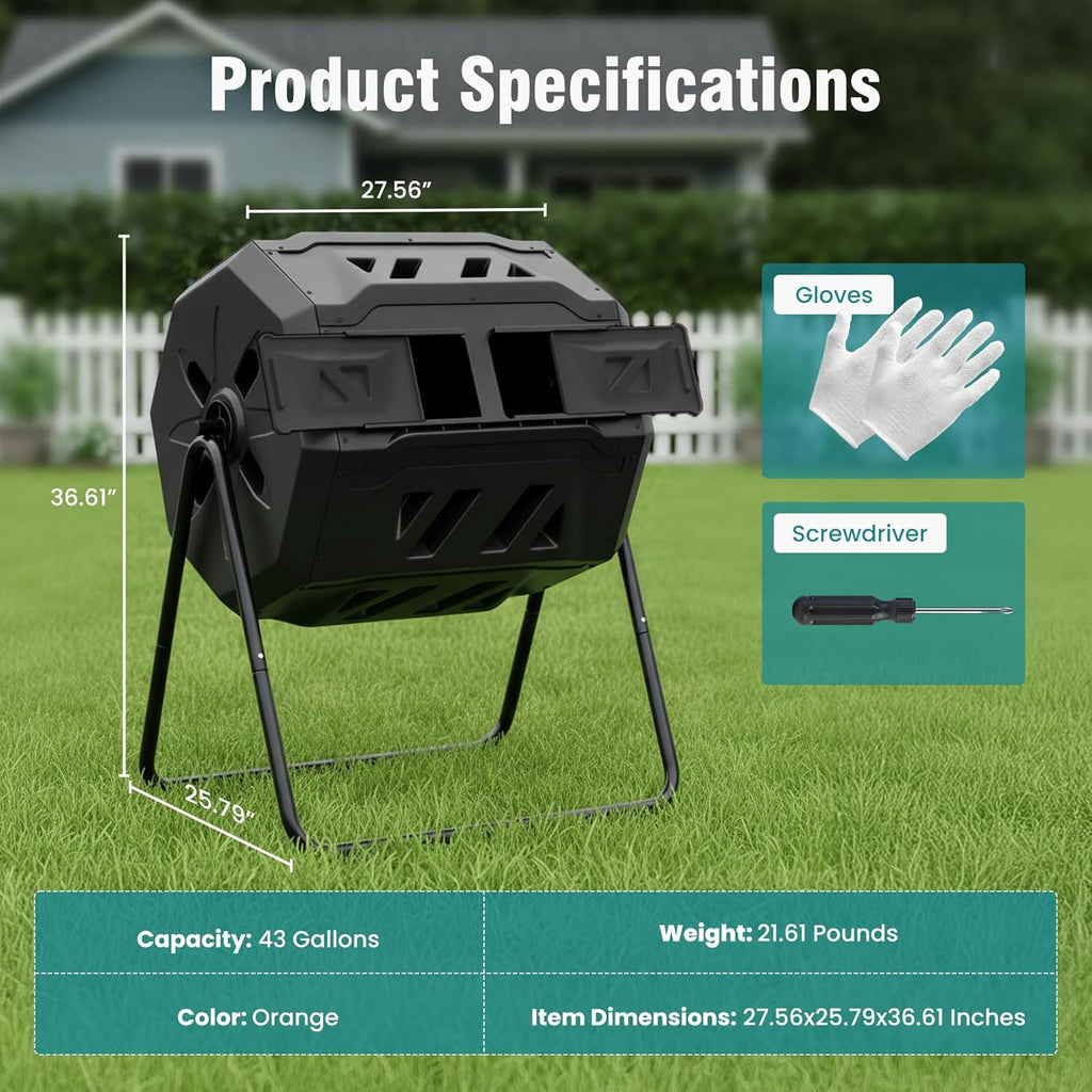 Compost Bin Outdoor 43 Gallon, Dual Chamber Composter Tumbler Outdoor with Gloves, Efficient 360??Rotating Composting Bin for Patio, Lawn, Home Gardening and Landscape, Pure Black