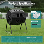 Compost Bin Outdoor 43 Gallon, Dual Chamber Composter Tumbler Outdoor with Gloves, Efficient 360??Rotating Composting Bin for Patio, Lawn, Home Gardening and Landscape, Black