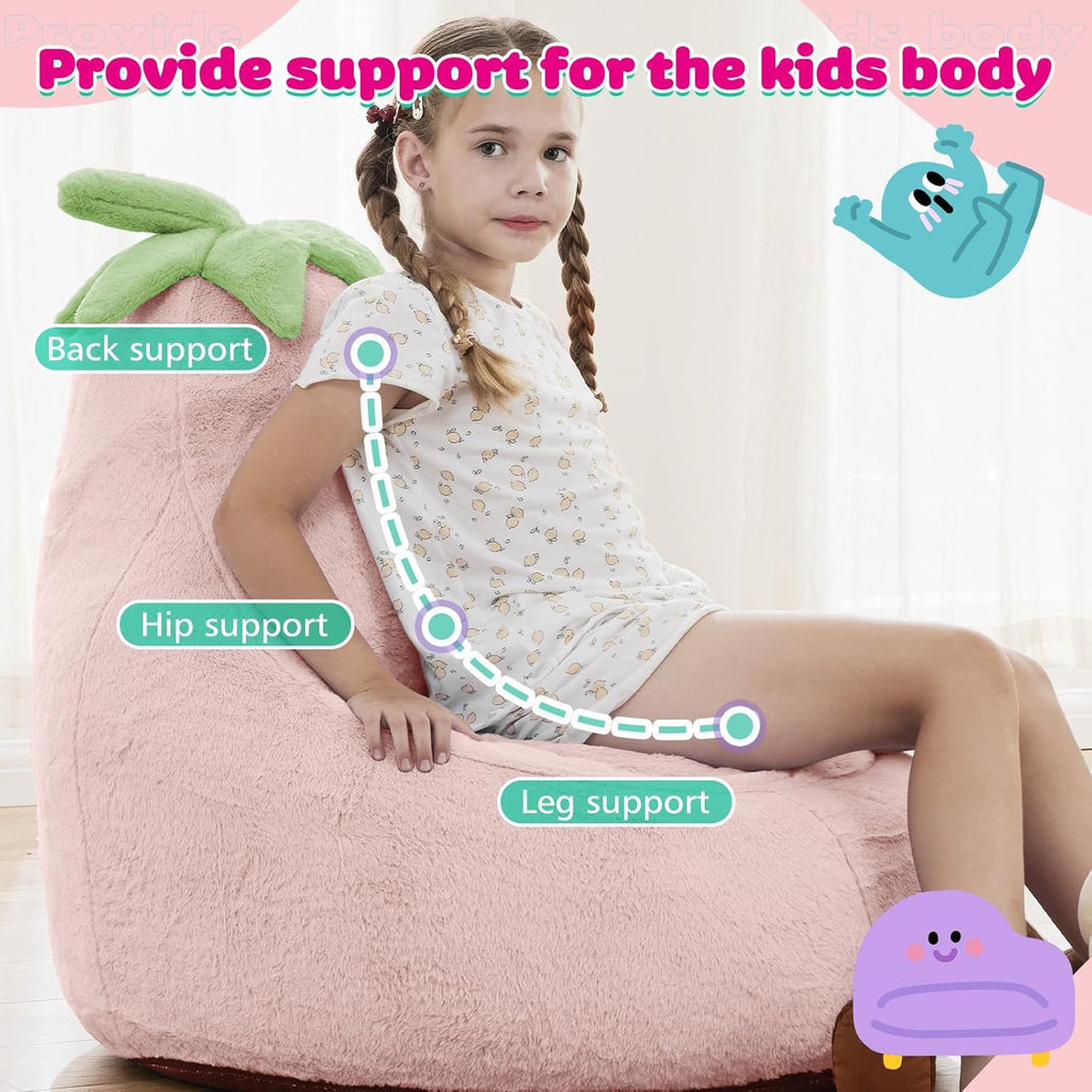 Kids Bean Bag Chair, Stuffed Toddler Couch with Faux Rabbit Fur Cover for Teens & Kids, Comfy Lazy Sofa Chair for Reader, Living Room, Bedroom, Aged 4-12 Years, 31 Inch, Pink