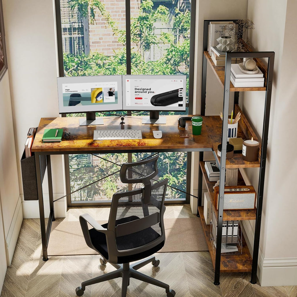 L Shaped Desk Corner Computer Table 47 Inch, L-Shaped Gaming Desks with Storage Shelf Reversible, Wood Tables with Side Bag Adjustable Feet for 2 Monitors Small Space Home Office Bedroom, Brown