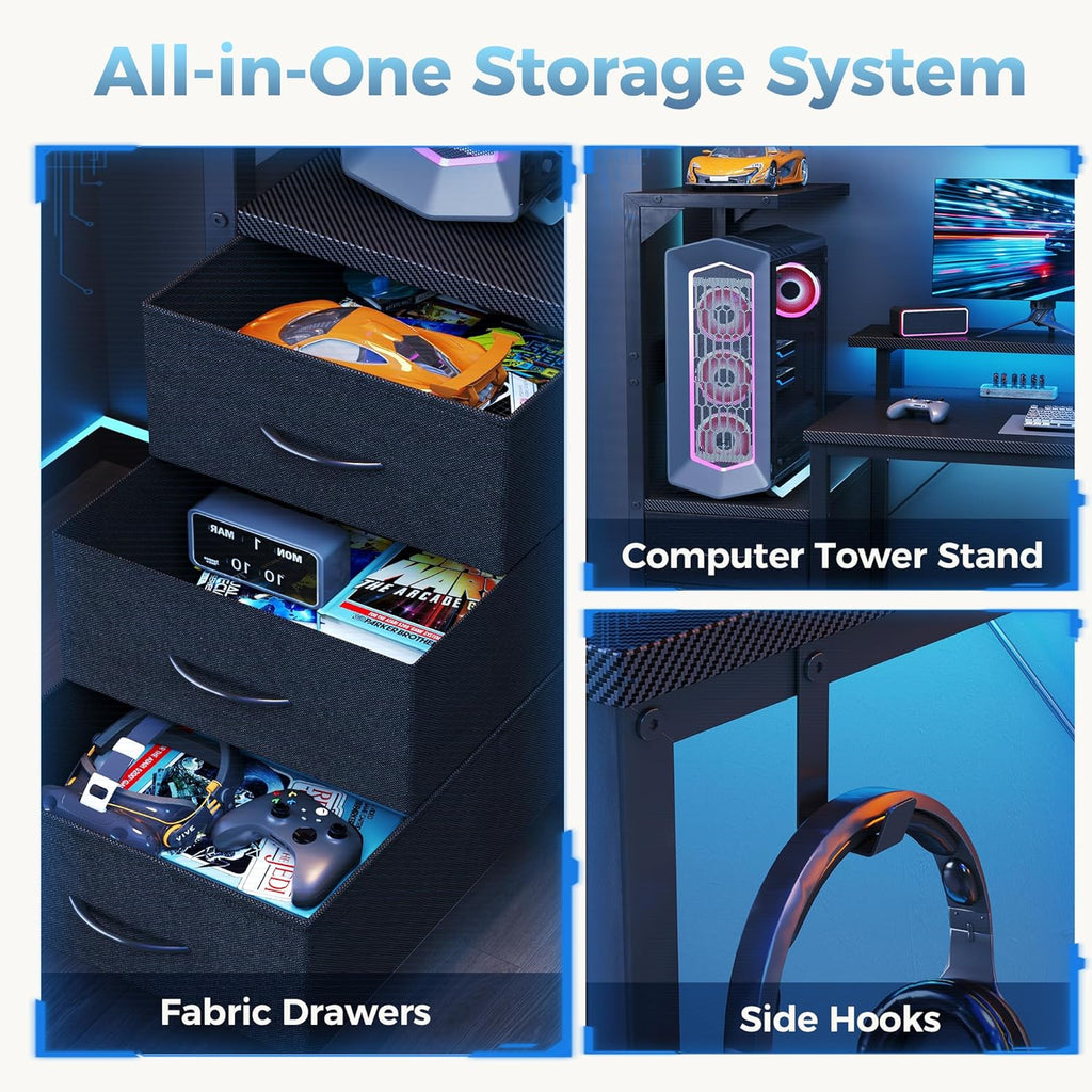 L Shaped Gaming Desk with Shelves Storage Drawers 58'', Black Computer Desks with LED Lights Power Outlets, Office Wood Table with PC Stand Cable Management for Bedroom Dual Monitor Streaming
