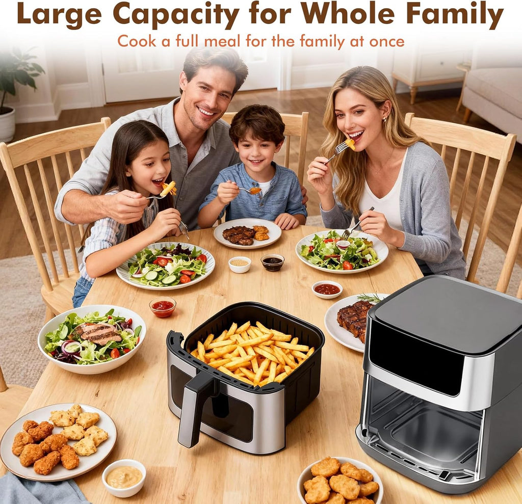 6.34QT Air Fryer with Window, 8 Food Presets with 400??F Max Heat, 90-Min Timer, Nonstick Dishwasher-Safe Basket for Air Fry, Roast, Reheat, Bake, Stainless Steel, Grey
