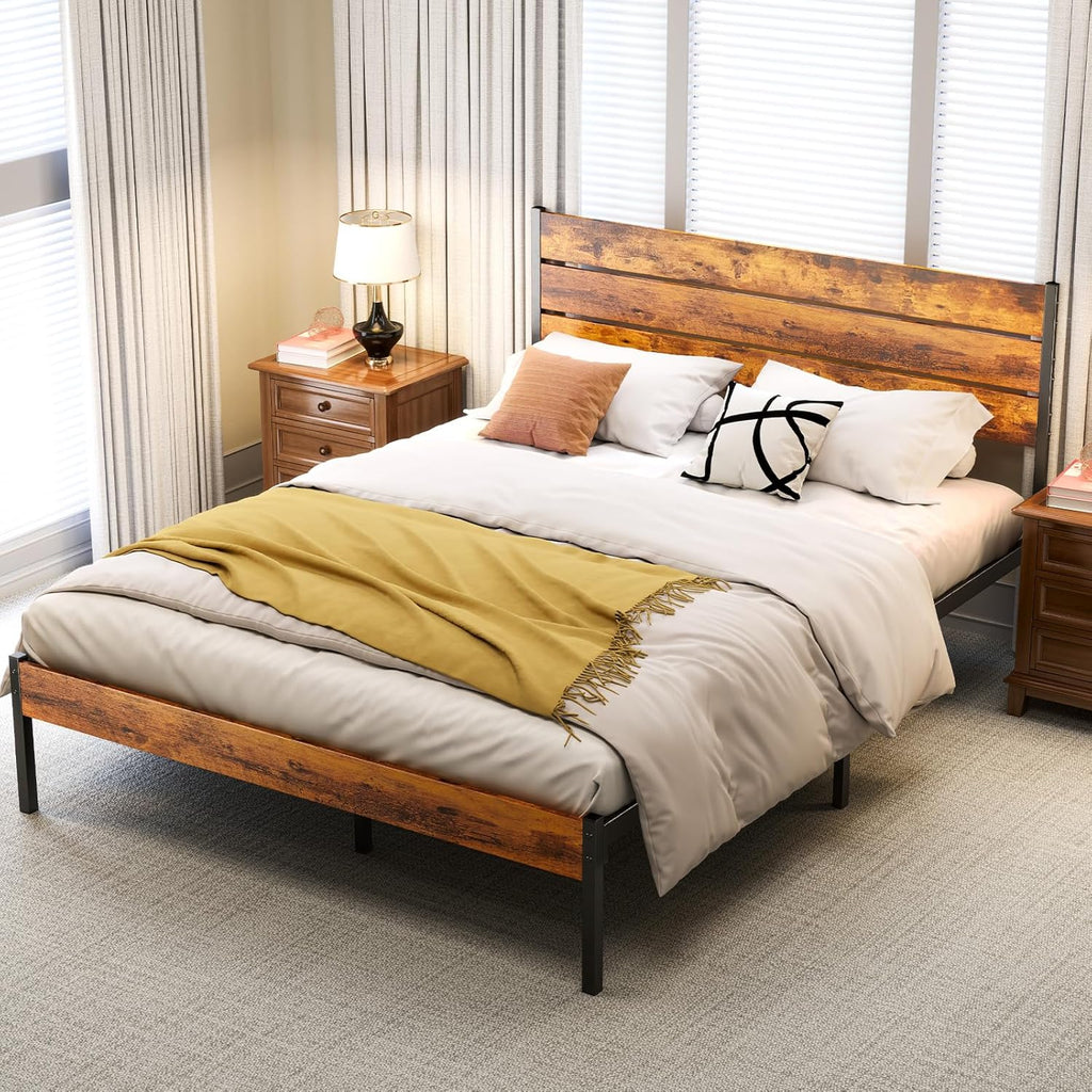 Queen Size Bed Frame with Headboard, 800LBS Mattress Foundation with All Sturdy Metal Support, Under Bed Storage, No Box Spring Needed, Easy Assembly, Rust Brown