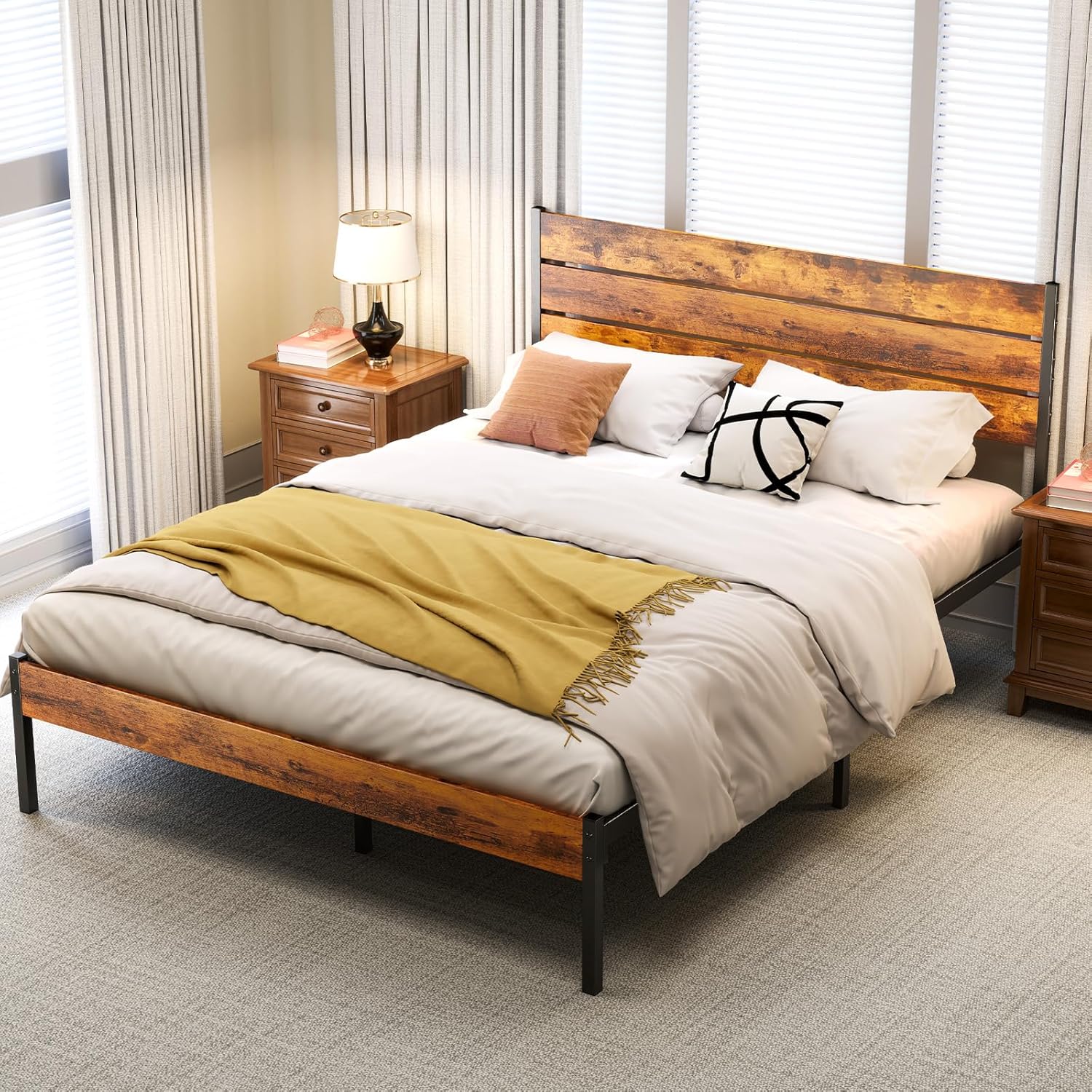 Queen Size Bed Frame with Headboard, 800LBS Mattress Foundation with All Sturdy Metal Support, Under Bed Storage, No Box Spring Needed, Easy Assembly, Rust Brown