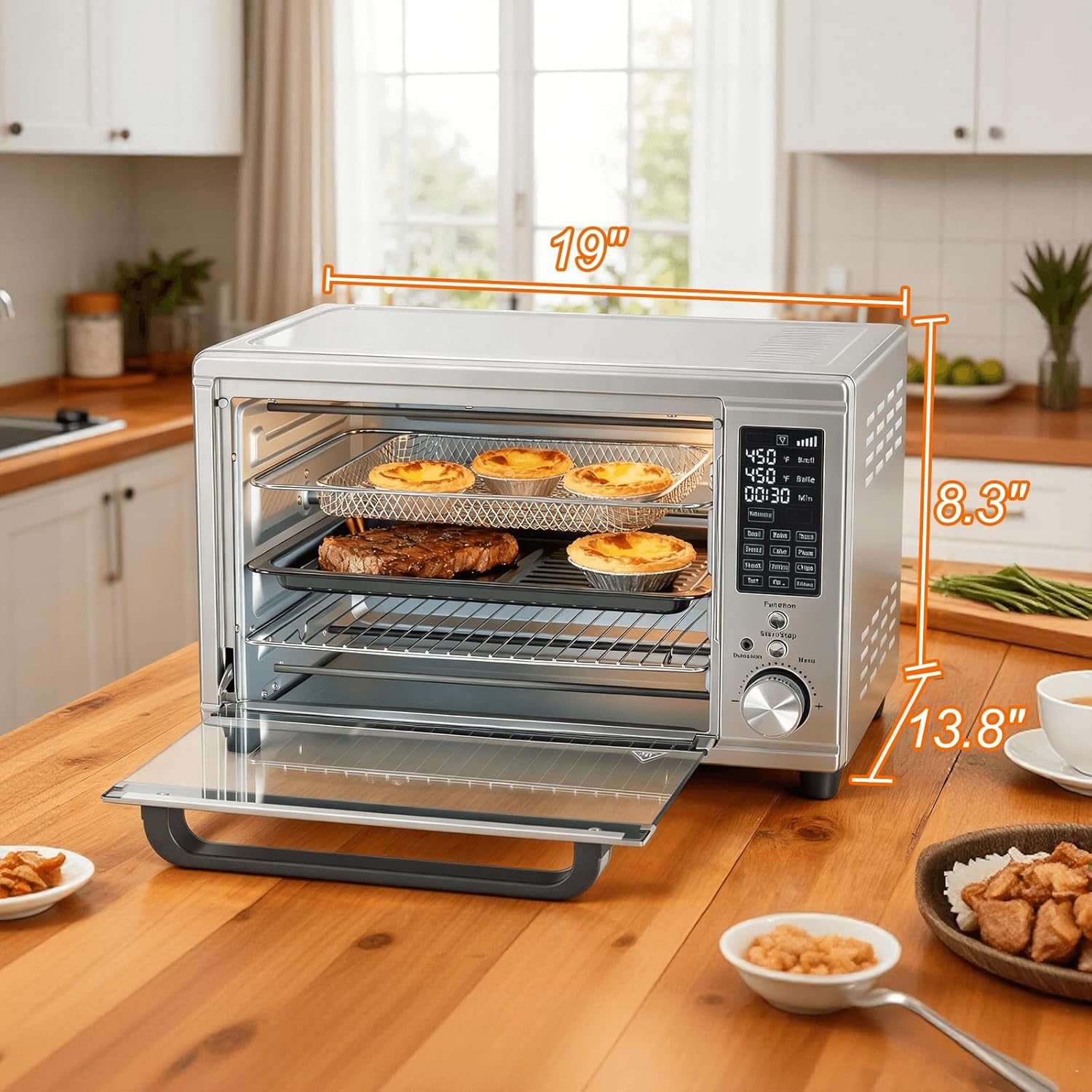 Air Fryer Toaster Oven Combo Extra Large with Smart Probe, 29.6QT Oven Countertop 12 Functions in 1, 7 Accessories Included, Stainless, Up to 450??F