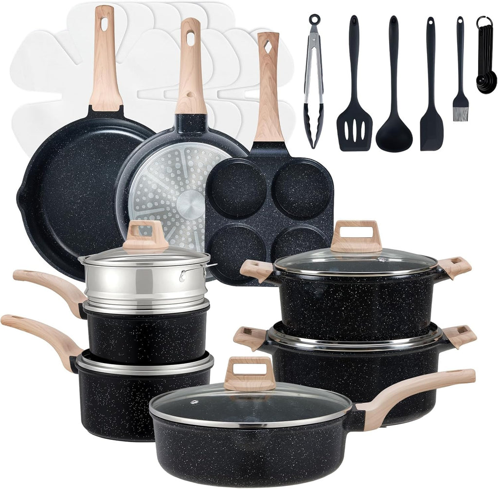 17 Pcs Pots and Pans Set, Nonstick Kitchen Cookware Set, Induction Cooking Sets with Stay-Cool Handles, Beige