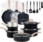 17 Pcs Pots and Pans Set, Nonstick Kitchen Cookware Set, Induction Cooking Sets with Stay-Cool Handles, Beige