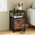 Nightstands Set of 2 with Charging Station, Bedside Table with USB Ports & Type-C, 2 Fabric Drawers Night Stand with Open Shelf, Compact End Table for Bedroom, Rustic Brown
