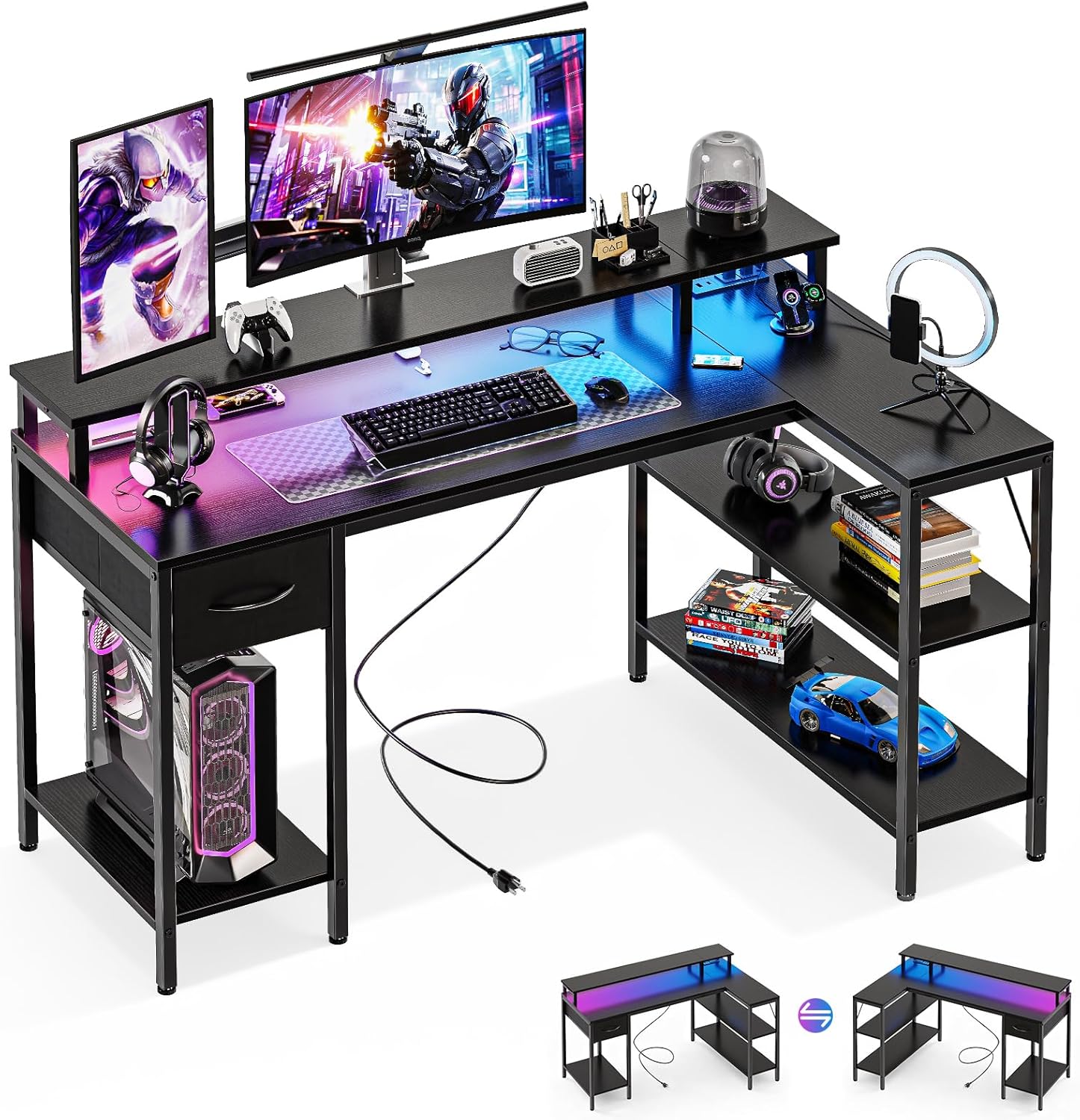 L Shaped Gaming Desk 67, Reversible Computer Desk with LED Lights, Corner Desk for Small Spaces with Keyboard Tray & Storage Shelf, Metal Frame PC Gaming Table for Home Office Bedroom, White