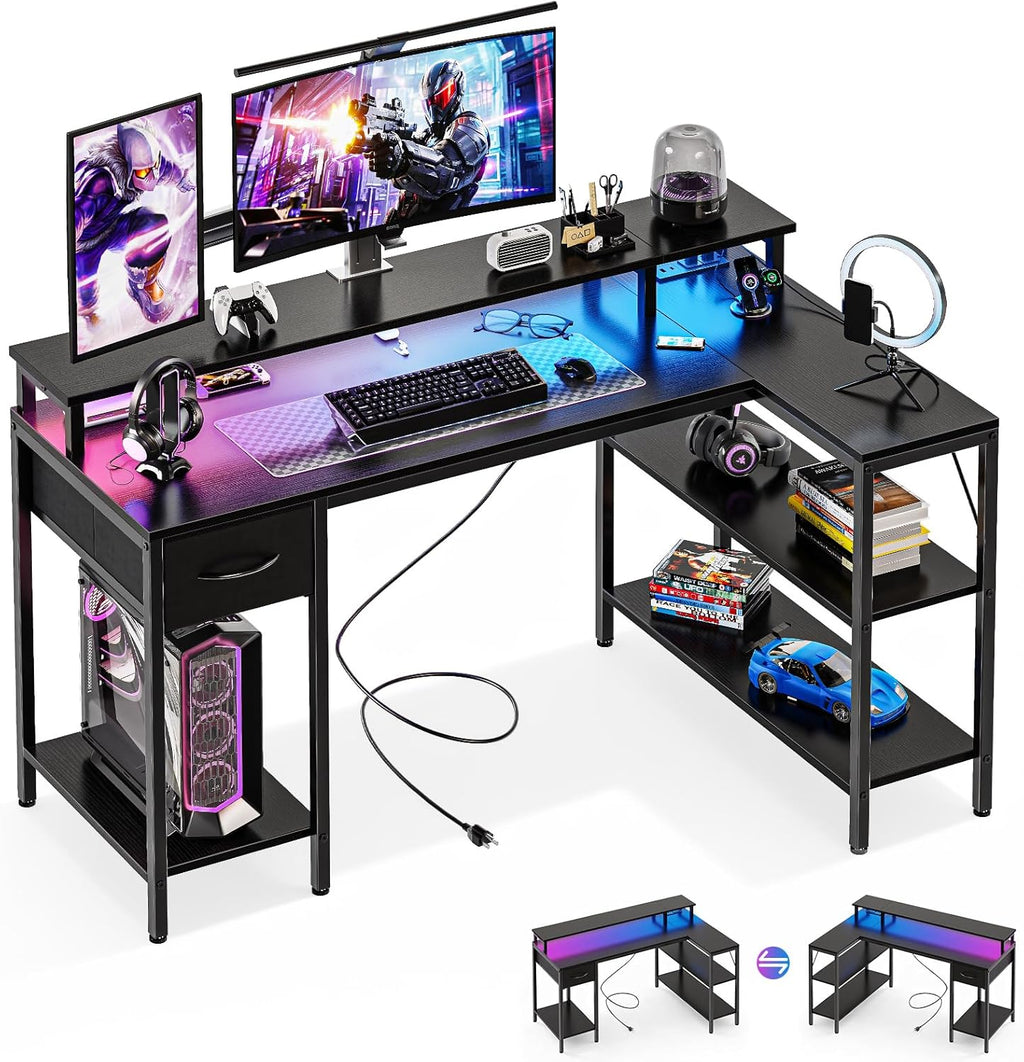 47?? Gaming Desk with USB Charging Ports & LED Lights, Reversible L Shaped Desks Computer Corner Gamer Table with Power Outlets Monitor Stand Storage Shelves for Home Office Small Space, White