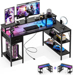 47?? Gaming Desk with USB Charging Ports & LED Lights, Reversible L Shaped Desks Computer Corner Gamer Table with Power Outlets Monitor Stand Storage Shelves for Home Office Small Space, White