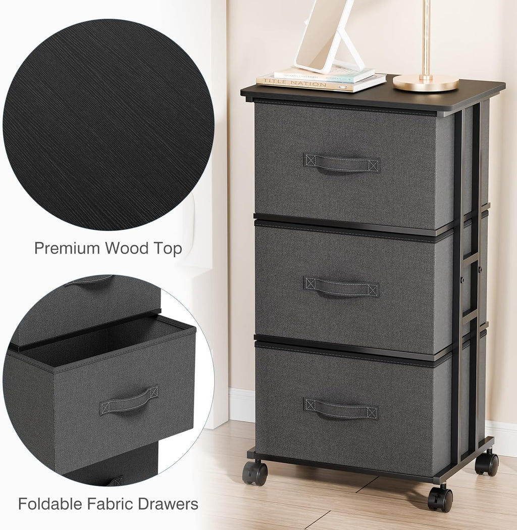 3 Drawer Fabric Dresser with Wheels, Storage Cabinet Organizer with Removable Drawers, Rolling Chest with Steel Frame for Bedroom, Closet, Living Room, Entryway, Grey