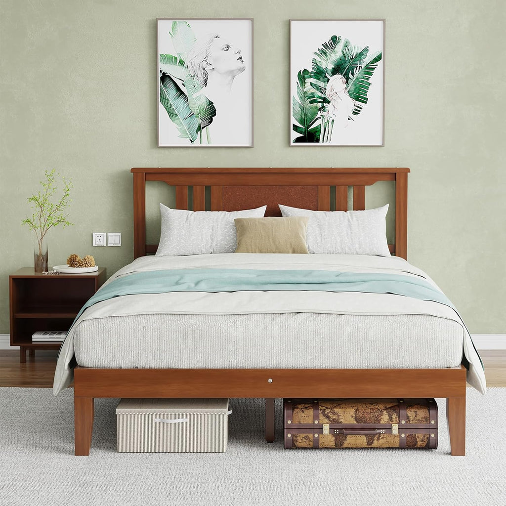 Twin Size Wood Bed Frame with Headboard, Solid Natural Wooden Platform Bed Base, Heavy Duty Slat Support Mattress Foundation, No Box Spring Needed, Low-Profile Design