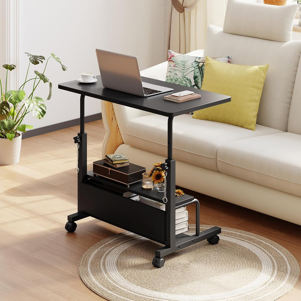 31.5 Manual Standing Desk, Height Adjustable Mobile Computer Desk with Lockable Wheels & 2-Tier Storage, Rolling Laptop Table for Small Spaces & Home Office, Black