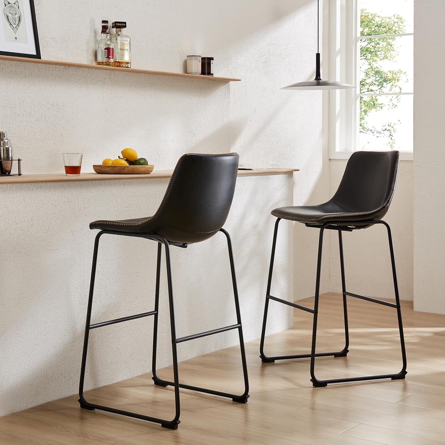 26 Inch Counter Height Bar Stools Set of 2, Modern Faux Leather High Barstools with Back and Metal Leg, Bar Chairs for Kitchen Island, Elegant Black