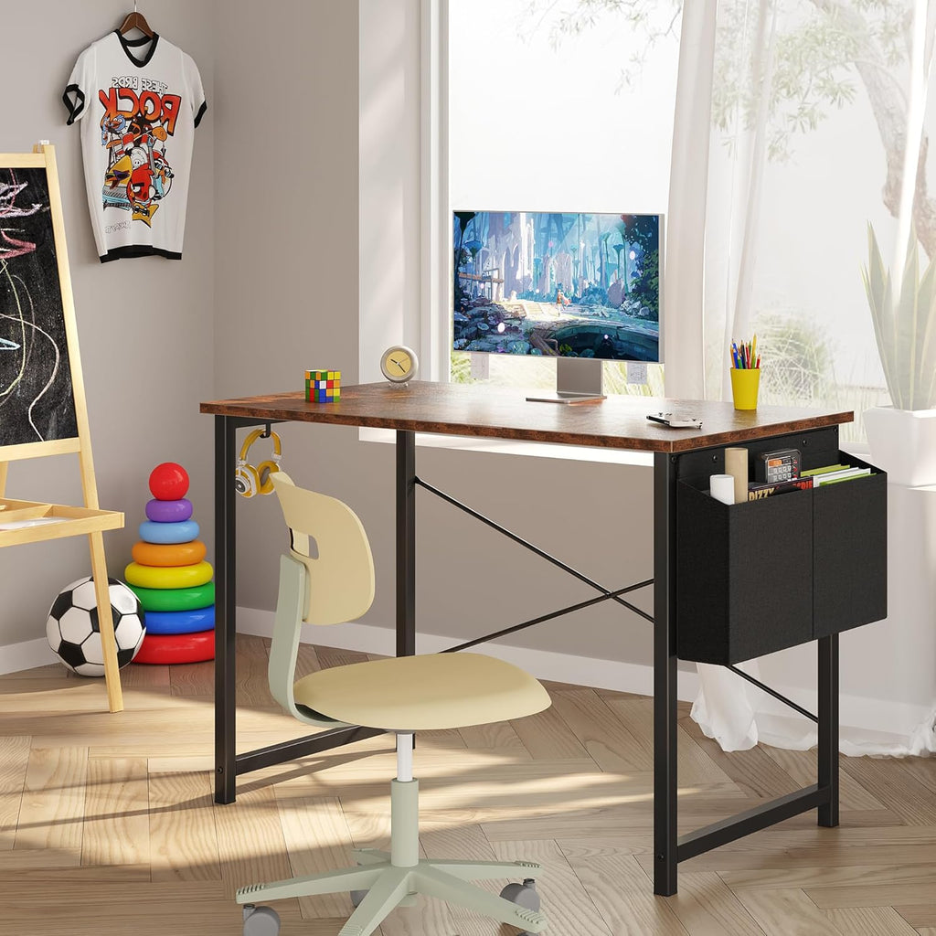 Computer Desk 40 Inch Home Office Desks for Small Spaces, Gaming Writing Study Work Table with Storage Bag and Headphone Hook for Bedroom, Rustic Brown