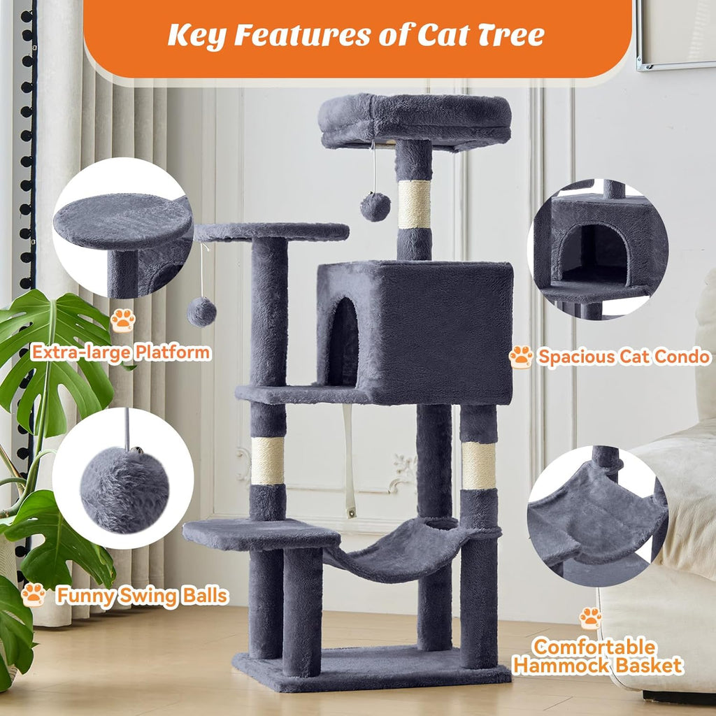 Small 44 Inch Cat Tree Tower, Cat Climbing Tower with Natural Sisal Scratching Posts, Hammock, Pet Condo for Indoor Cats and Kittens Play, Dark Grey