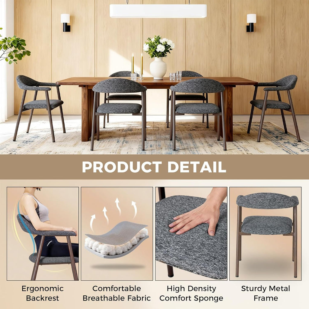 Dining Chairs Set of 2, Linen Fabric Upholstered Kitchen Side Chairs with Curved Backrest & Metal Legs, Modern Farmhouse Accent Chairs for Dining Room Kitchen Living Room Cafe, Gray