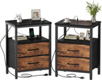 Nightstand Set of 2 with Wireless Charging Station Bed Side Tables with Adjustable Fabric Drawers 3-Tier Storage End Tables Modern Design,Black