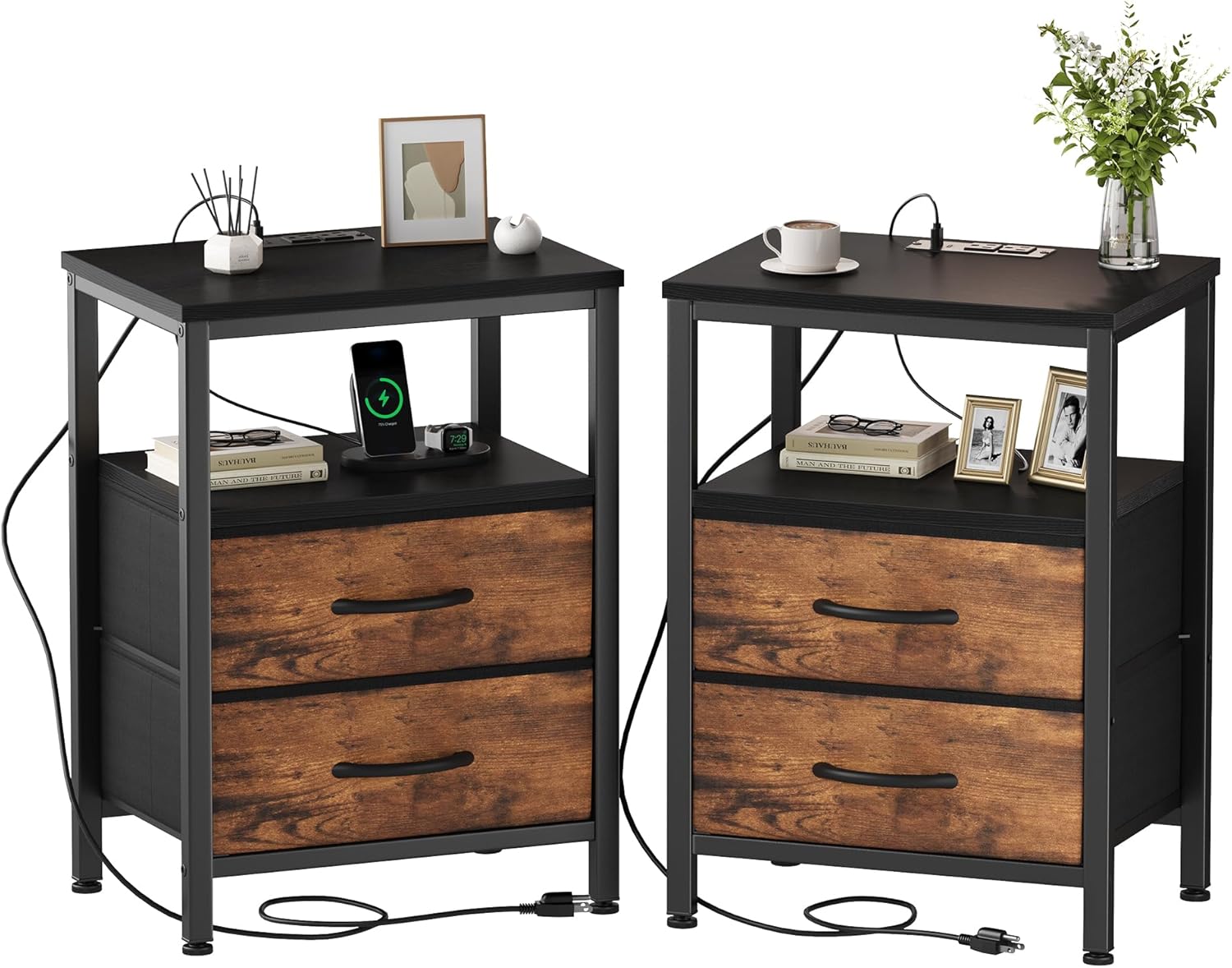 Nightstand Set of 2 with Wireless Charging Station Bed Side Tables with Adjustable Fabric Drawers 3-Tier Storage End Tables Modern Design,Black